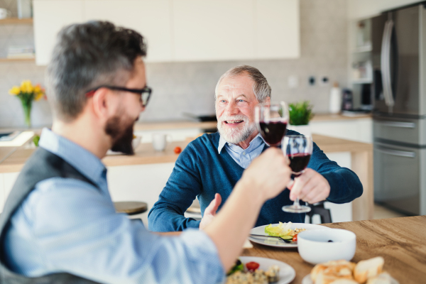 An adult hipster son and senior father sitting at the table indoors at home, eating light lunch.