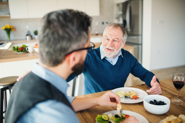 An adult hipster son and senior father sitting at the table indoors at home, eating light lunch.