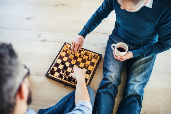 A midsection of adult hipster son and senior father sitting on floor indoors at home, playing chess.