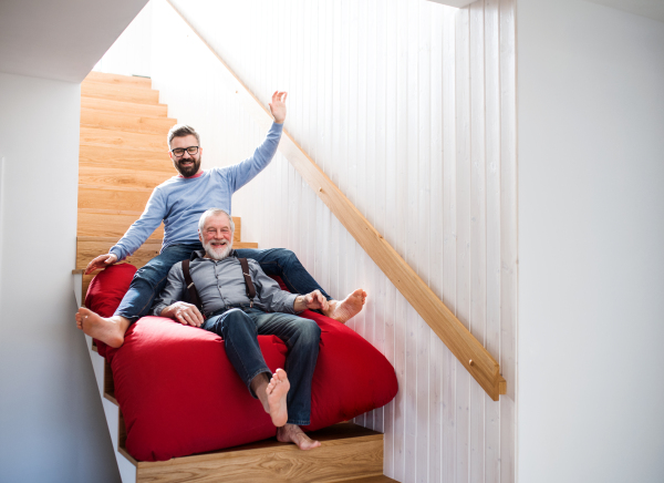 An adult hipster son and senior father sliding on stairs indoors at home, having fun.