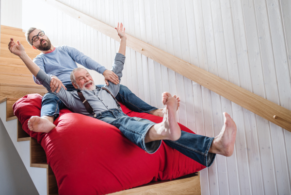 An adult hipster son and senior father sliding on stairs indoors at home, having fun.