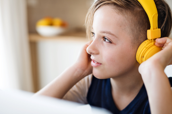 A small boy with headphones and laptop sitting at the table indoors at home.