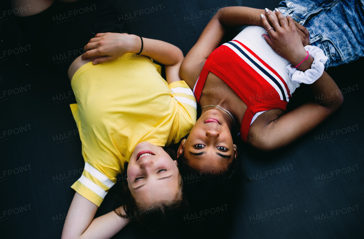 Top view of cheerful young teenager girls friends outdoors in garden, looking at camera.