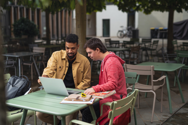 A young man with Down syndrome with his mentoring friend sitting outdoors in cafe using laptop.