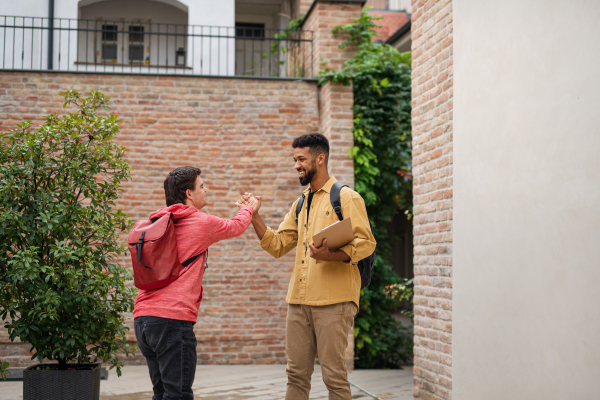 A young man with Down syndrome and his mentoring friend meeting and greeting outdoors