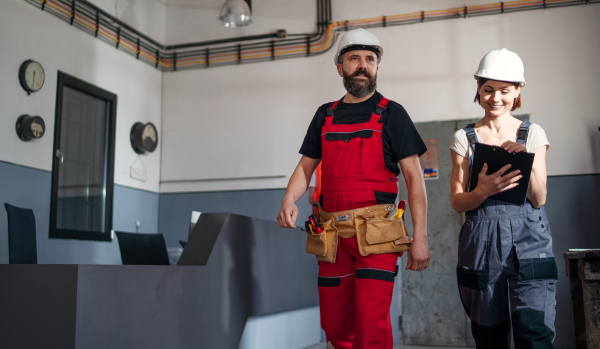 Man and woman workers with helmet indoors in factory, discussing issues while discussing issues.