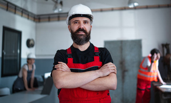 A portrait of worker with helmet indoors in factory looking at camera.