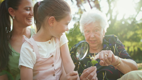 A small girl with mother and grandmother resting in a park, talking.