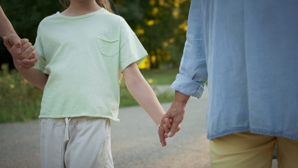 A close-up of small girl with mother and grandmother in a park, walking in park.