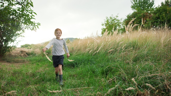 A little girl in summer in meadow hodling grass and running.