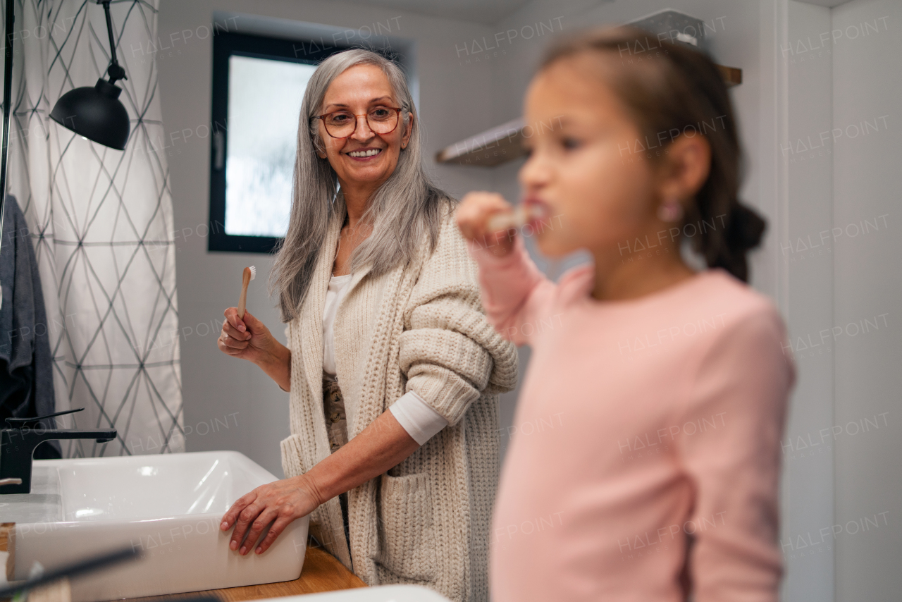 A senior grandmother making a ponytail to her granddaughter indoors in bathroom in the morning.