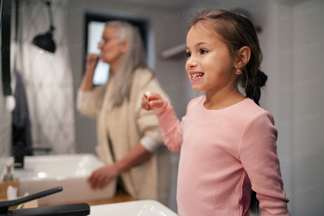 A senior grandmother and granddaughter standing indoors in bathroom, brushing teeth in morning.