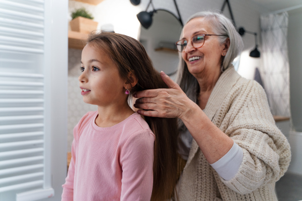 A senior grandmother and granddaughter standing indoors in bathroom, brushing hair in morning.