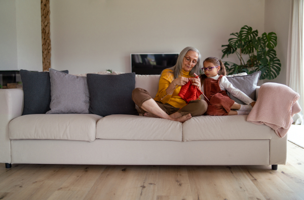 A little girl sitting on sofa with her grandmother and learning to knit indoors at home.