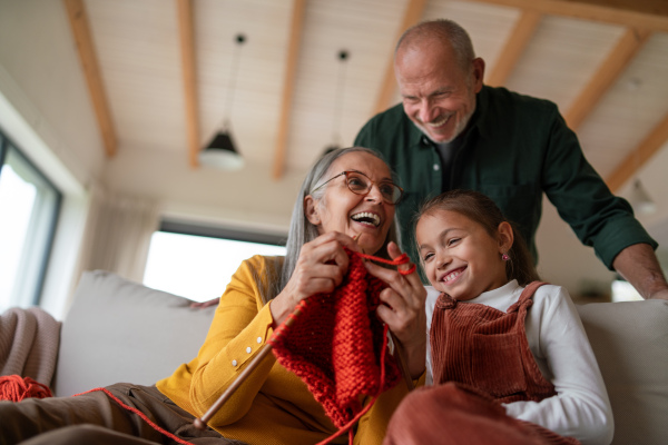 A grandmother sitting on sofa and teaching her granddaughter how to knit indoors at home.