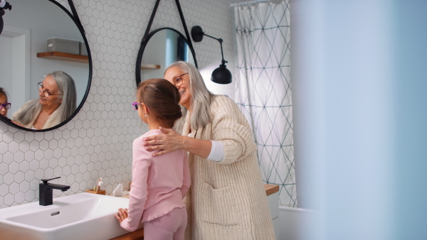 A senior grandmother and granddaughter standing indoors in bathroom, making a plait.