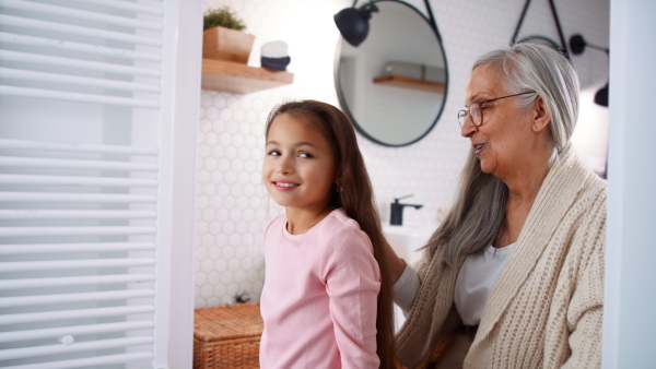 A senior grandmother with granddaughter standing indoors in bathroom, combing hair and having fun in morning