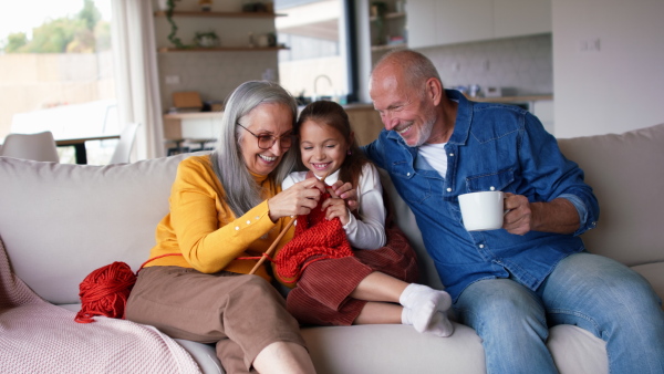 A grandmother sitting on sofa and teaching her granddaughter how to knit indoors at home.