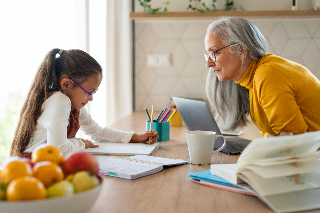 A small girl with senior grandmother doing homework at home.