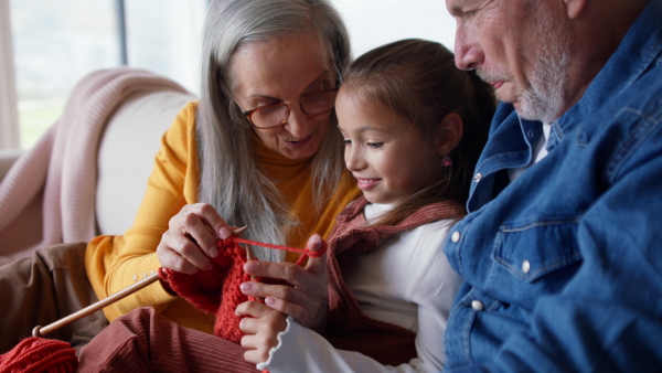 A little girl sitting on sofa with her grandparents and learning to knit indoors at home.