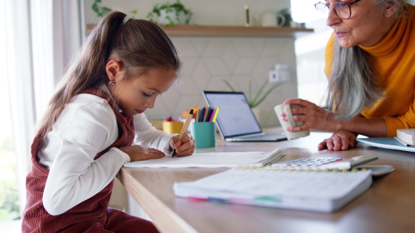 A small girl with grandmother doing homework at home.