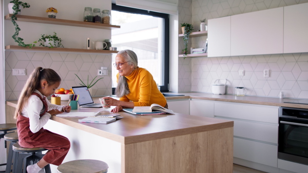 A small girl with senior grandmother doing maths homework at home.