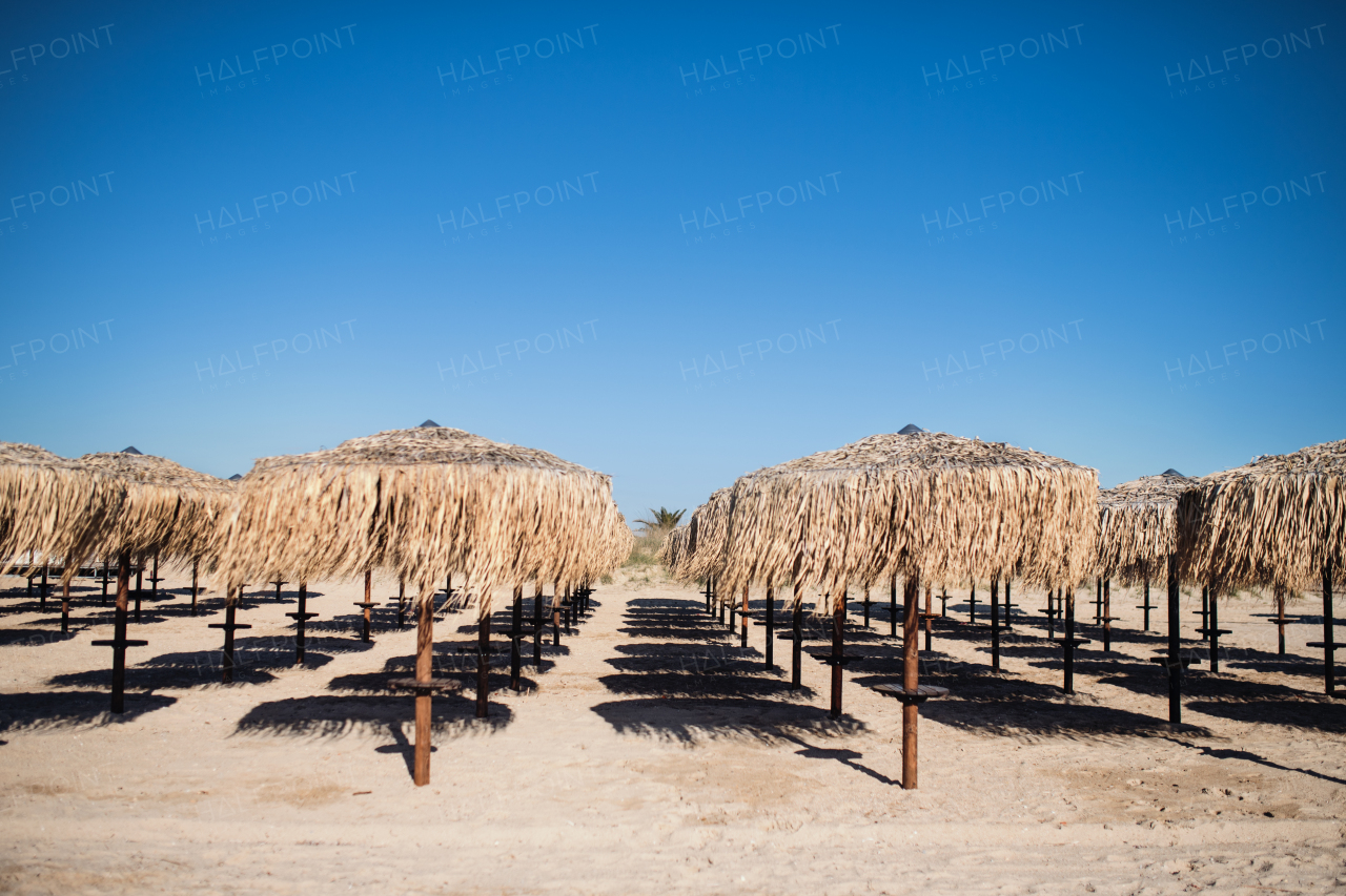 Rows of straw parasols outdoors on beach background. Copy space.