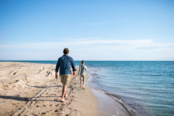 Rear view of father with small son on a walk outdoors on beach, running in water.