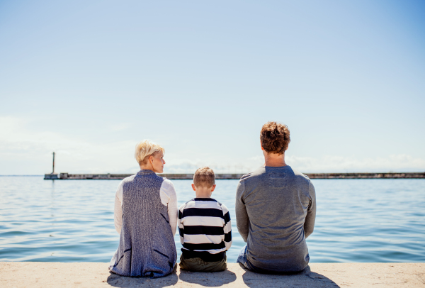 A rear view of young family with son sitting on conrete pier outdoors by the sea.