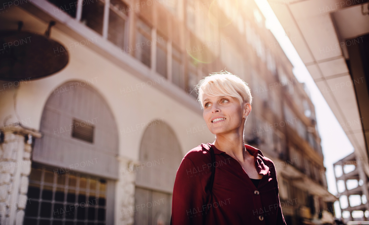 A portrait of attractive woman standing outdoors in town. Copy space.