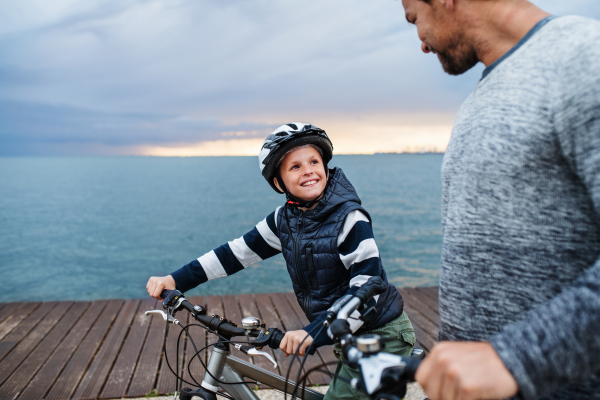 Unrecognizable father and small son with bicycles outdoors standing on beach, talking.