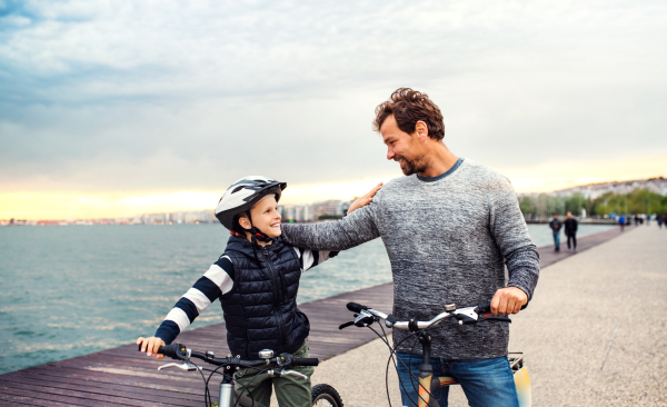 Father and small son with bicycles outdoors standing on beach, talking.