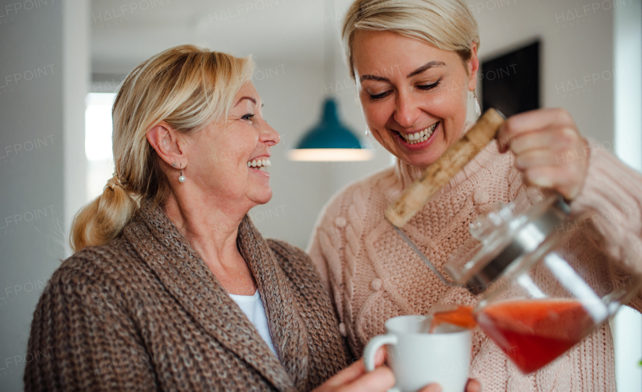 A happy young woman with senior mother at home, pouring tea.