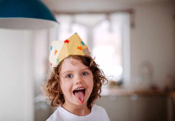 A portrait of small girl with a paper crown at home, having fun when looking at camera.