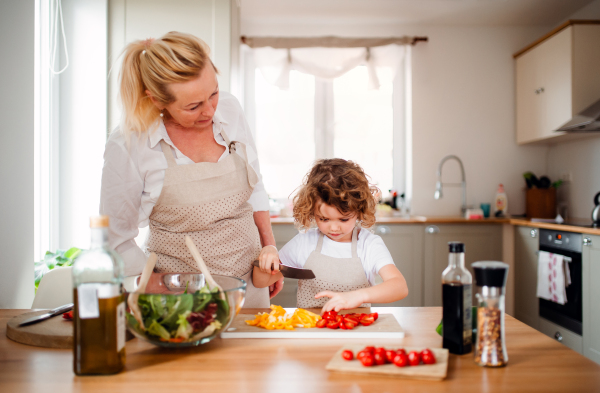 A portrait of small girl with grandmother in a kitchen at home, preparing vegetable salad.