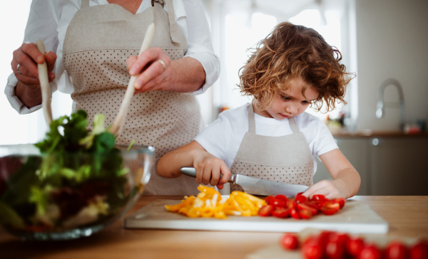 A portrait of small girl with grandmother in a kitchen at home, preparing vegetable salad.