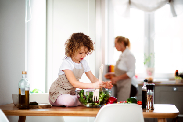 A portrait of small girl with grandmother in a kitchen at home, preparing vegetable salad.