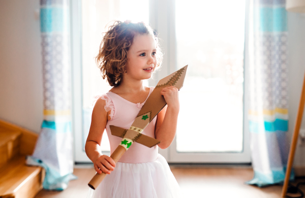 A portrait of small girl with a princess dress at home, holding a toy sword.