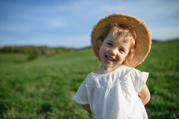 Portrait of small toddler girl standing on meadow outdoors in summer, looking at camera.