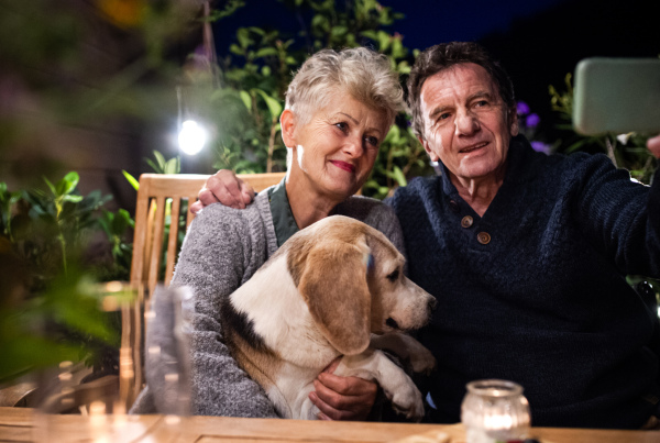 Portrait of senior couple with dog in the evening on terrace, taking selfie.