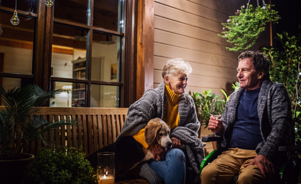 Portrait of senior couple in wheelchair with dog in the evening on terrace, drinking wine.