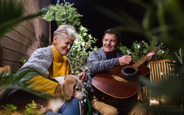 Senior couple in wheelchair with dog and guitar in the evening on terrace, resting.