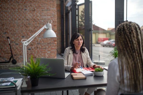 A rear view of young woman having job interview in office, business and career concept.