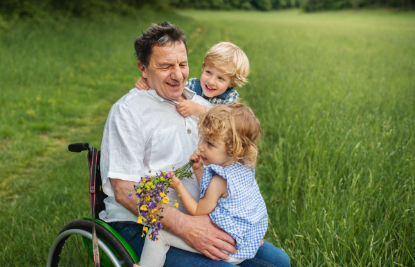 Happy small children with senior grandfather in wheelchair on a walk on meadow in nature.