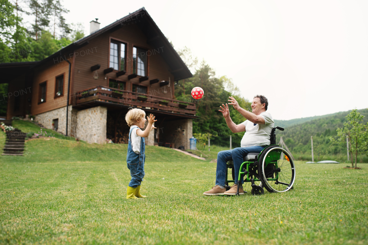 Happy small boy with senior grandfather in wheelchair in garden, playing with a ball.