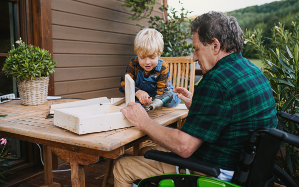 Happy small boy with senior grandfather in wheelchair constructing birdhouse, diy project.