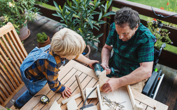 Top view of happy small boy with senior grandfather in wheelchair constructing birdhouse, diy project.