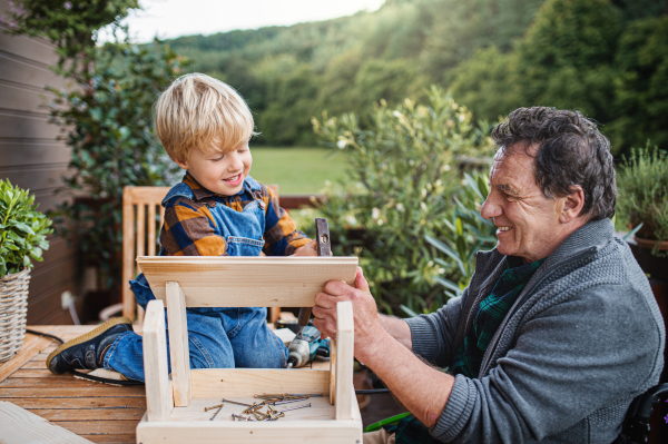 Happy small boy with senior grandfather in wheelchair constructing birdhouse, diy project.