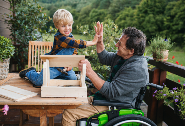 Happy small boy with senior grandfather in wheelchair constructing birdhouse, diy project.