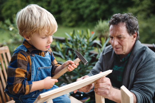 Happy small boy with senior grandfather constructing birdhouse, diy project.